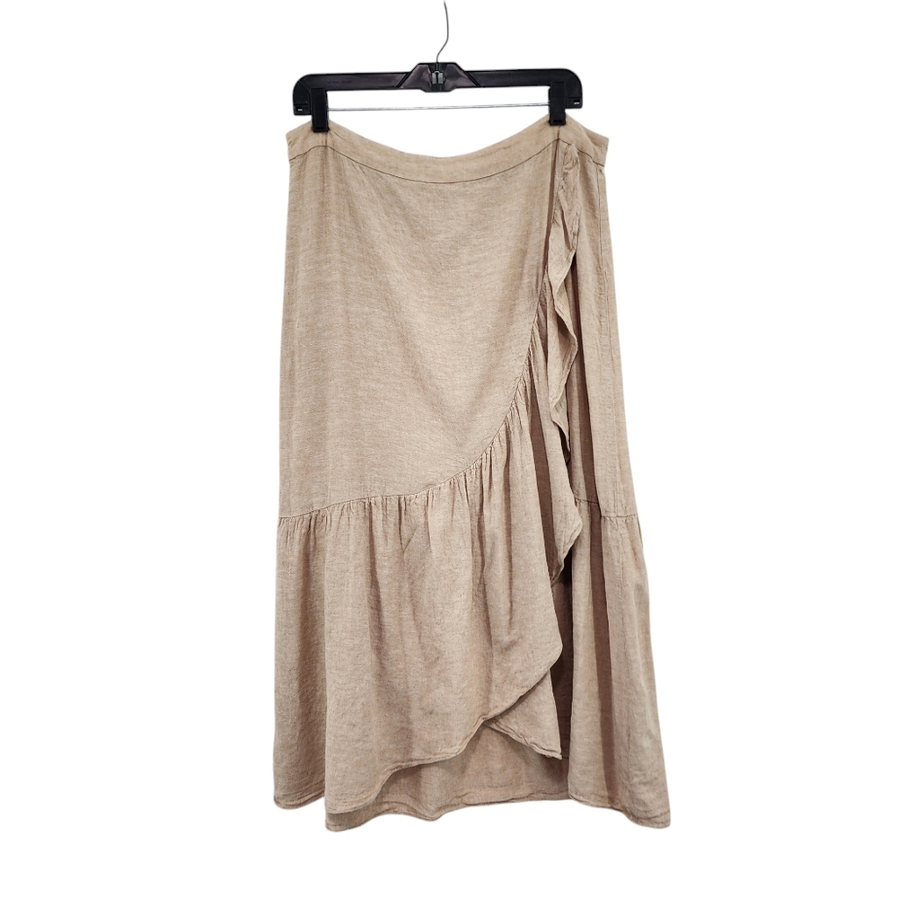 Madewell Women's Tan Linen Blend Ruffled Asymmetrical Hem Midi Faux Wrap Skirt